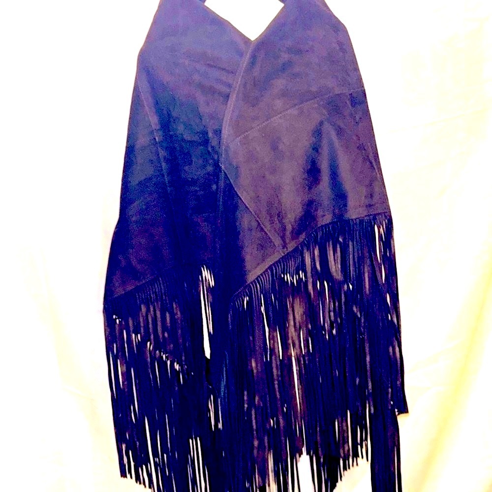 💣NWOT💣Babjades💣Italian Fringed Black Leather & Suede Reversible Cape/Poncho💣